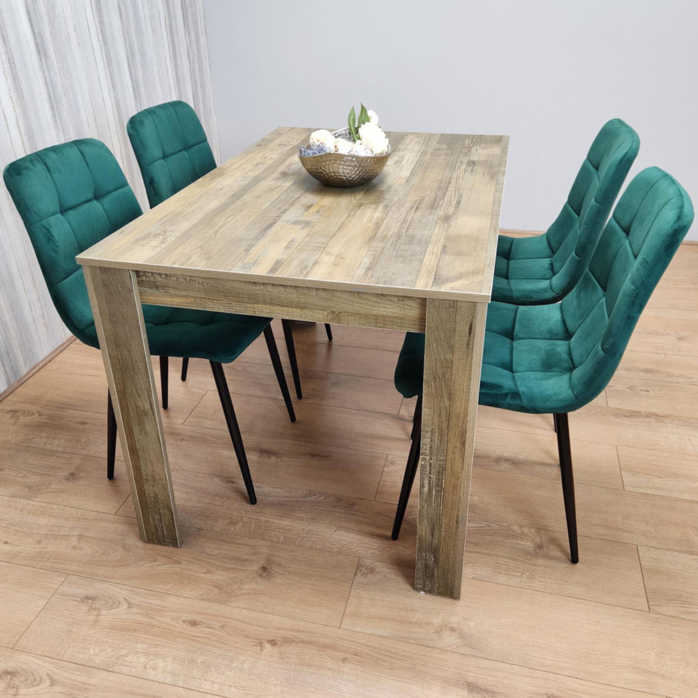 Portland 4 Seater Velvet Dining Set Wood Effect and Green Image 1