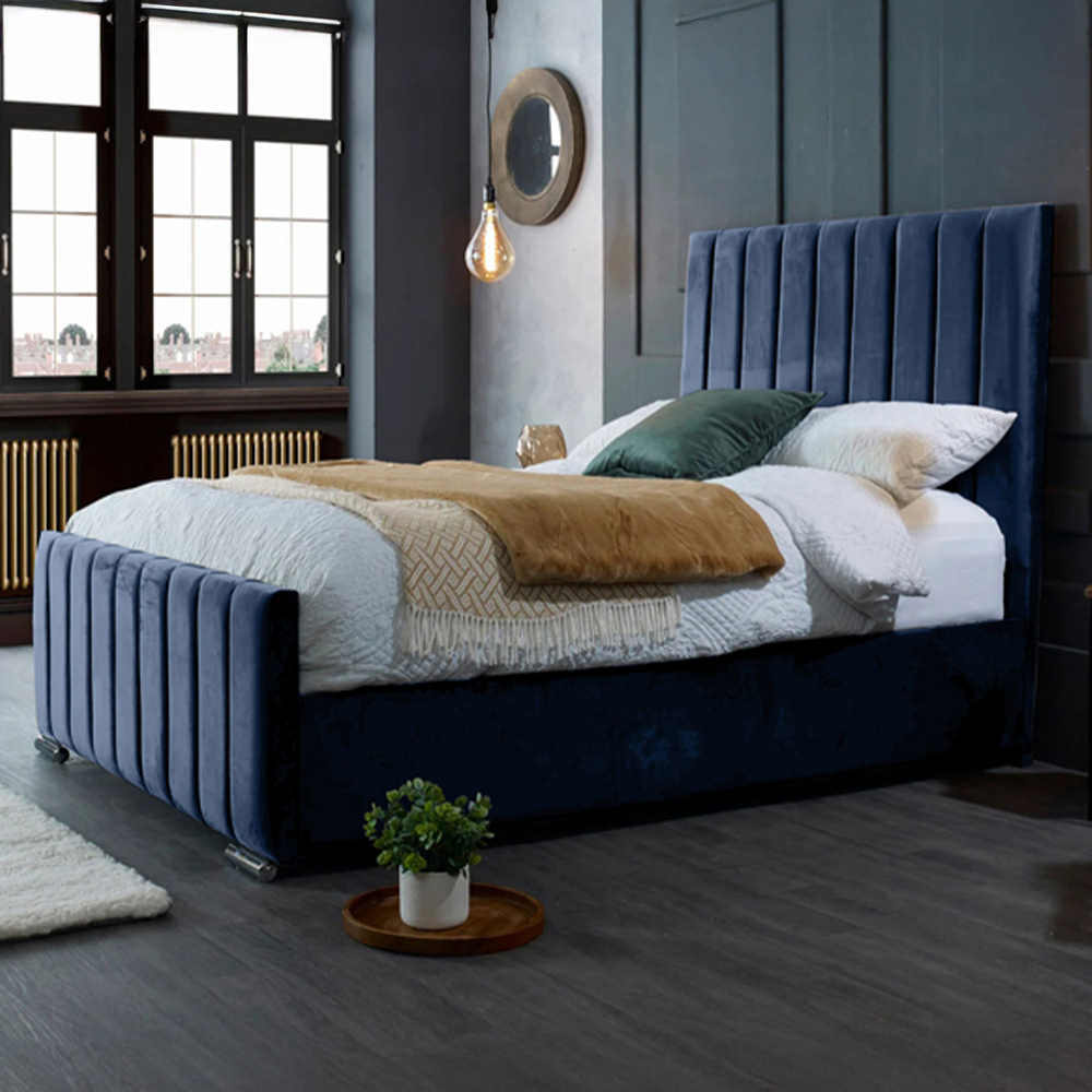 Eleganza Home Redding Double Blue Plush Velvet Bed Frame with Headboard Image 1