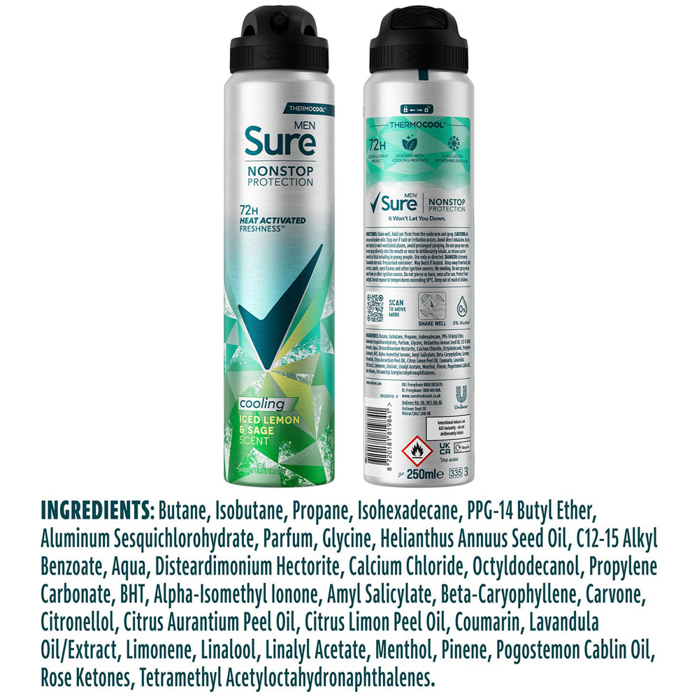 Sure Men Nonstop Protection Iced Lemon and Sage Antiperspirant Deo Aerosol 250ml 6 Pack Image 7