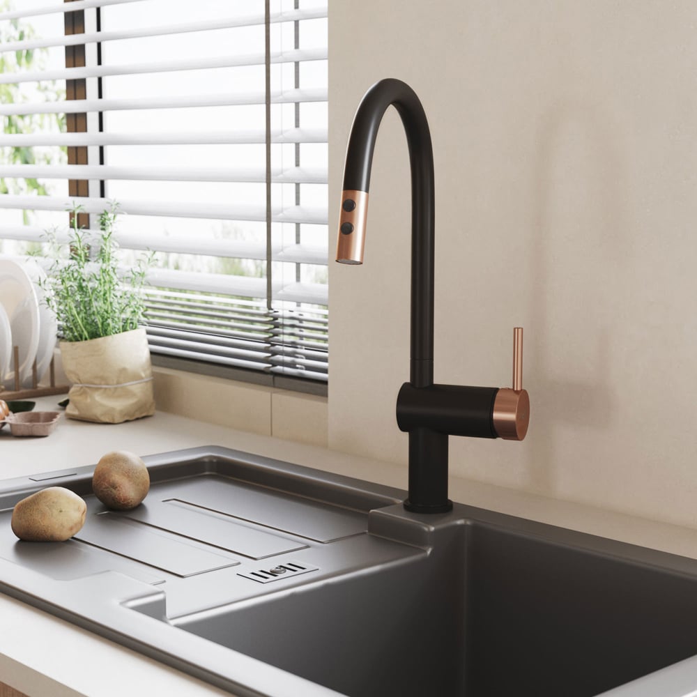 Living and Home Black and Rose Gold Pull Out Single Lever Kitchen Mixer Tap Image 4