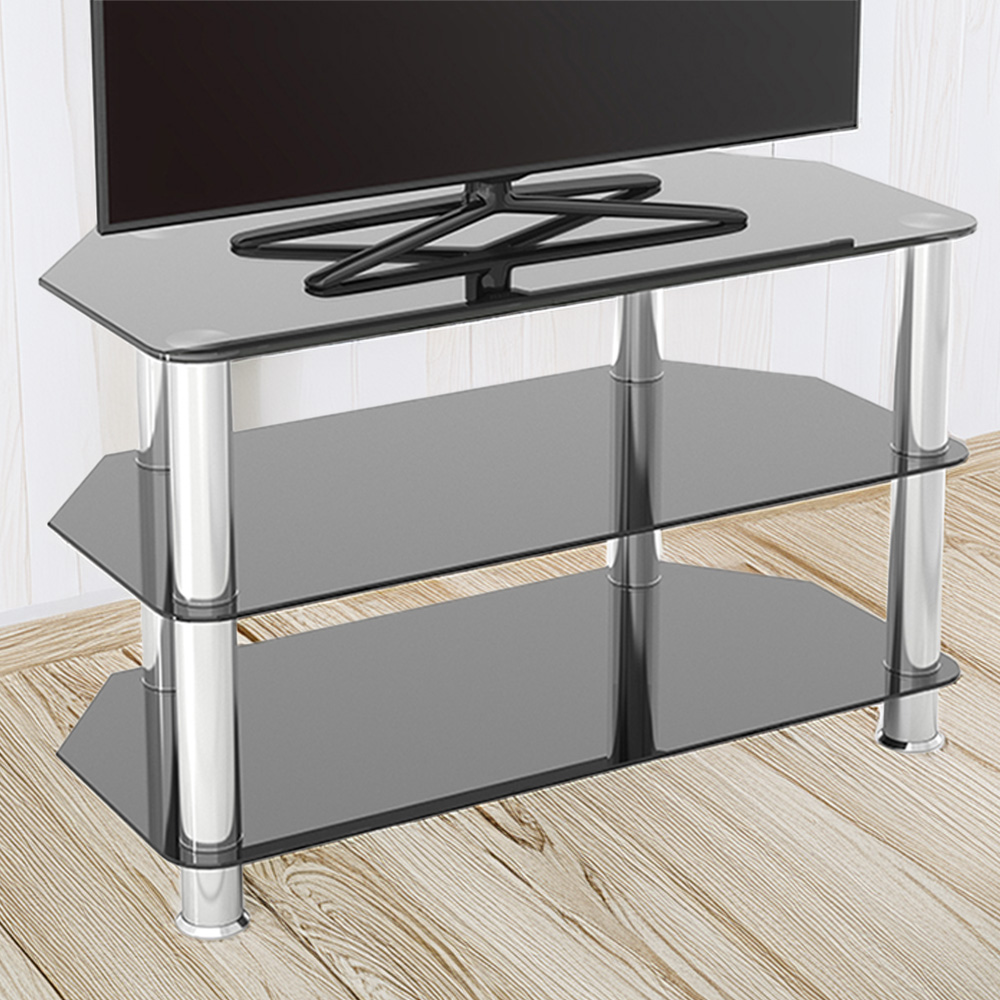 AVF Classic 2 Shelf Black and Chrome Glass Corner TV Unit Image 1