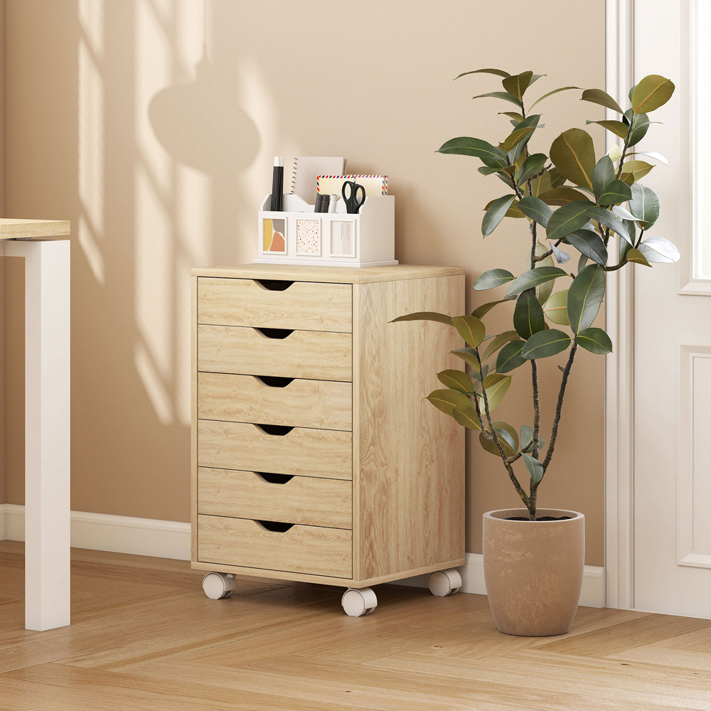 HOMCOM 6 Drawer Oak Vertical File Cabinet with Wheels Image 4