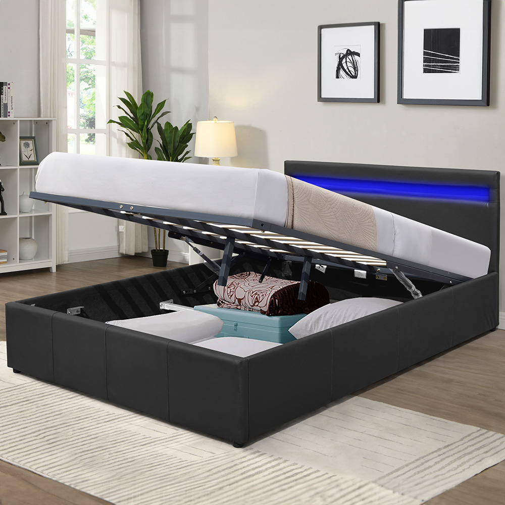 Comfy Living Small Double Black Faux Leather Ottoman Bed Frame with LED Image 1