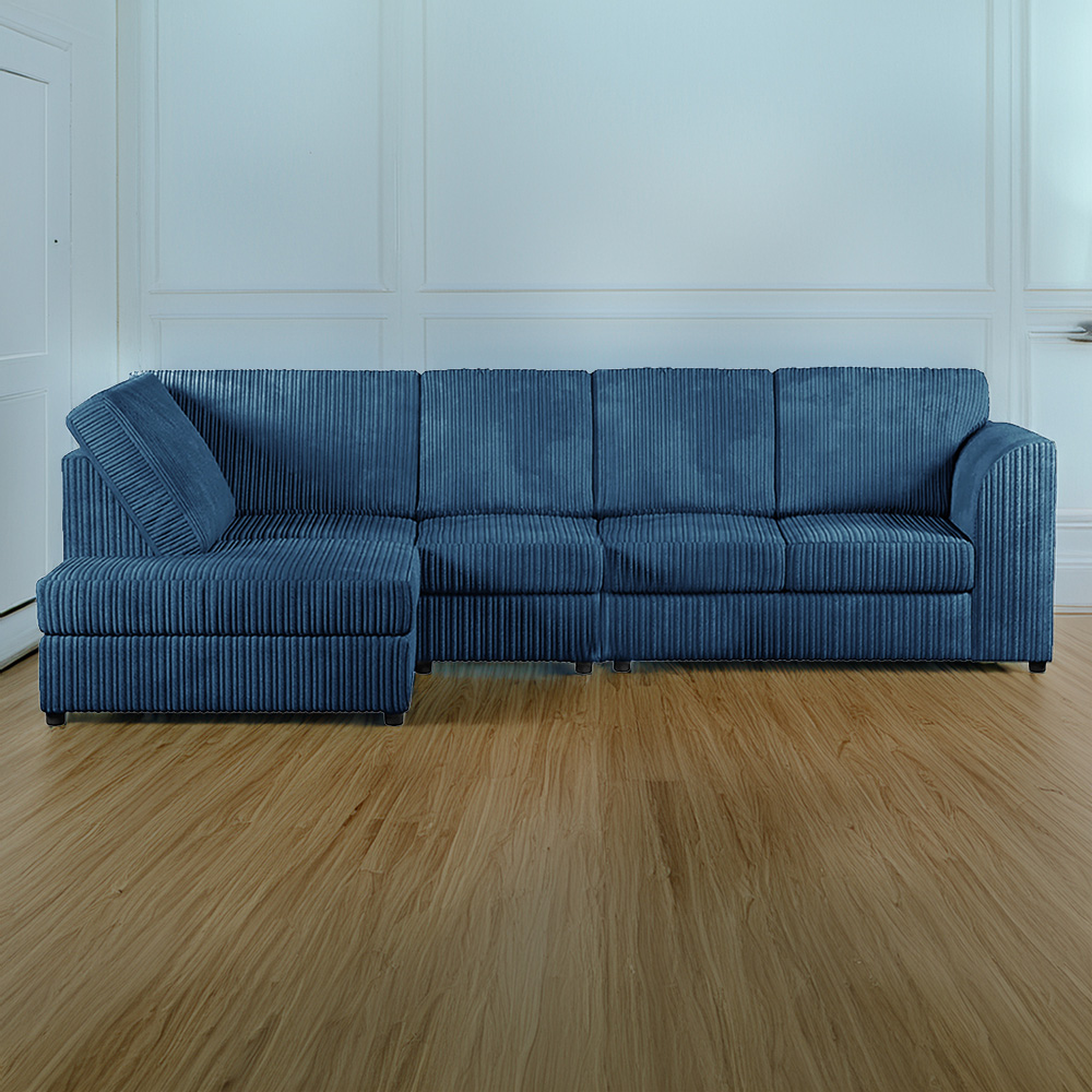 Luxor 4 Seater Marine Blue Jumbo Cord Left Hand Facing Full Back L Shaped Corner Sofa Set Image 1