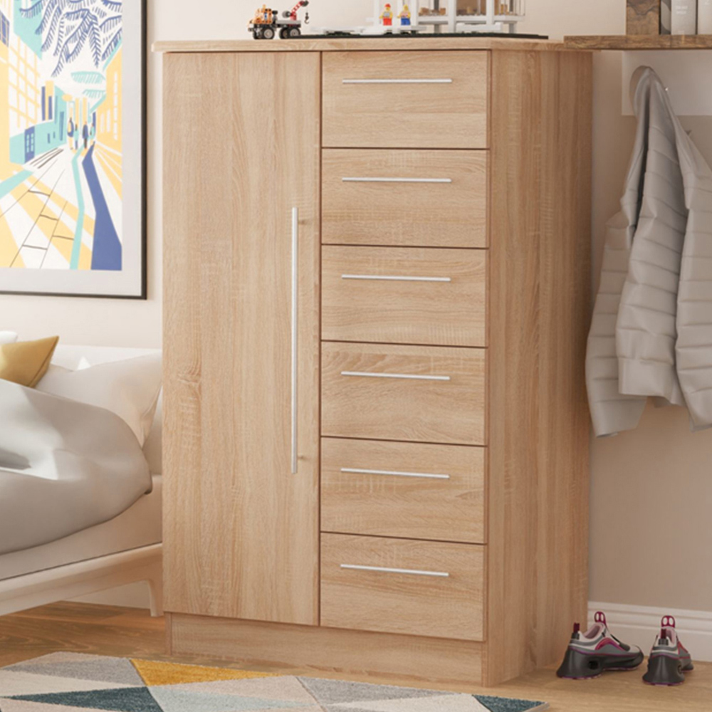 Crowndale Sherwood Single Door 6 Drawer Bardolino Oak Children Wardrobe Image 1