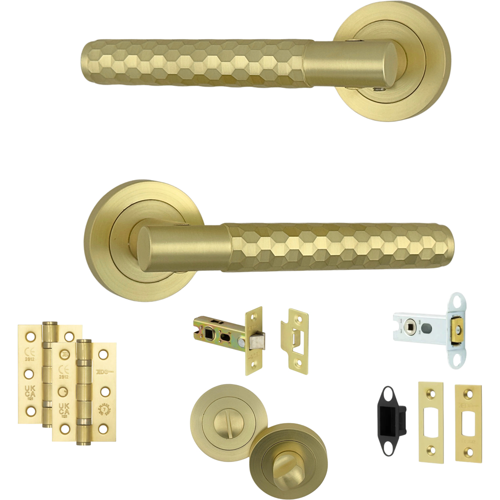 AXS Hardware Montana Satin Brass Knurled Bathroom Door Handles on Rose Image 1