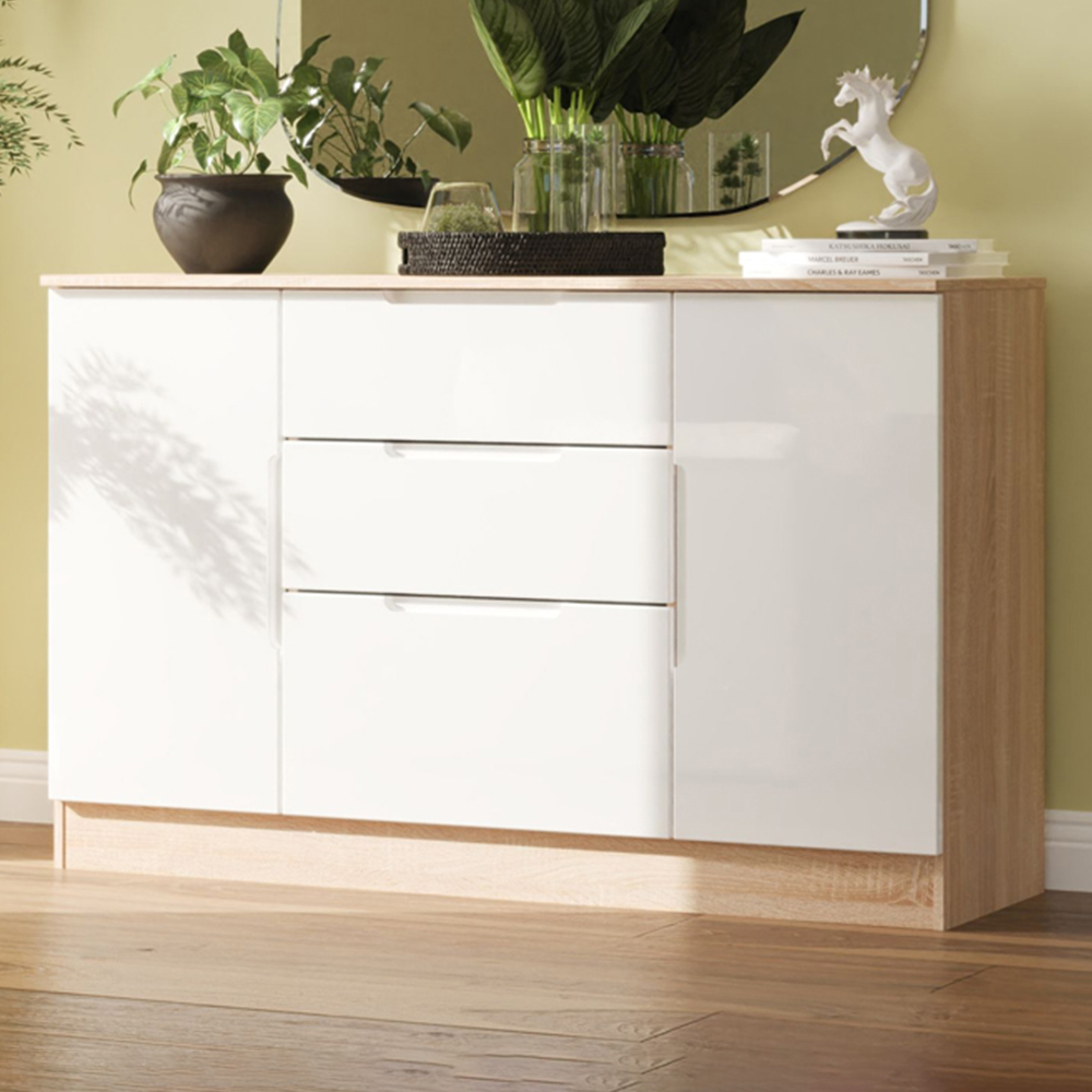 Crowndale Milan 2 Door 3 Drawer White Gloss and Bardolino Oak Sideboard Ready Assembled Image 1