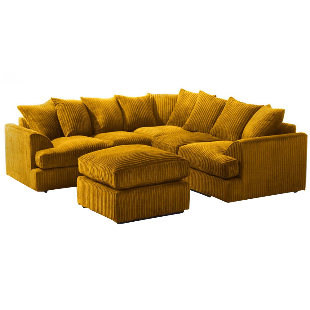 Portland Lana Modern 5 Seater Mustard T Arm Jumbo Cord Sofa with Footstool Image 2