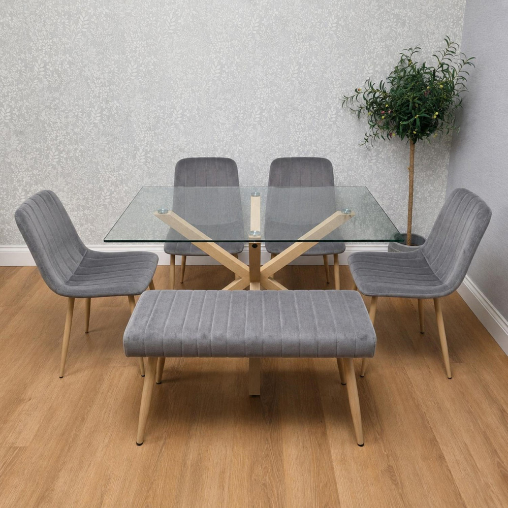 Kosy Koala 6 Seater Tempered Glass Velvet Dining Bench Set Grey Image 5