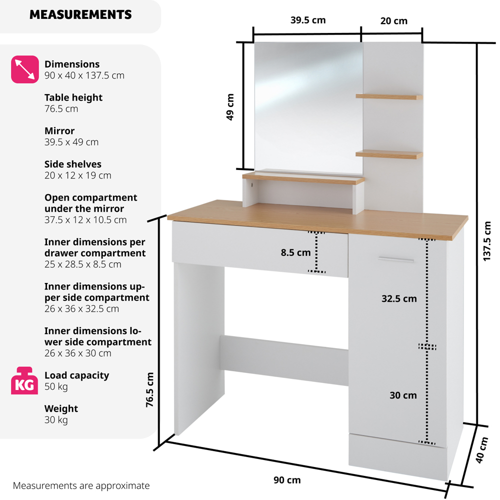 tectake Zoe Single Door Single Drawer 3 Shelf White and Beech Dressing Table Set with Mirror Image 9