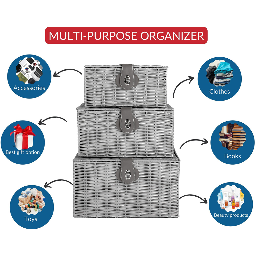 Innoteck Essentials Grey Wicker Woven Storage Basket with Lid 3 Pack Image 7