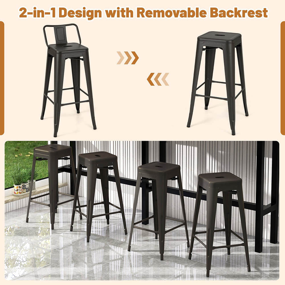 Costway Gun Metal Bar Stool with Removable Backrest Set of 4 Image 3