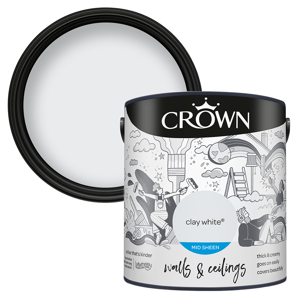 Crown Walls & Ceilings Clay White Mid Sheen Emulsion Paint 2.5L Image 1