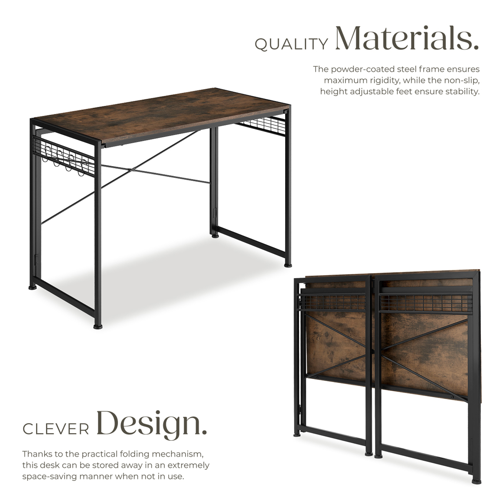 tectake Dark Wood Rustic Foldable Desk with 8 Storage Hook Image 3