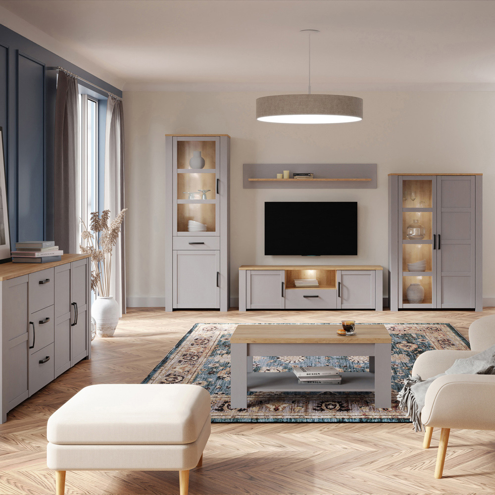 Florence Bohol 2 Door Single Drawer Riviera Oak and Grey Oak Narrow LED Display Cabinet Image 7
