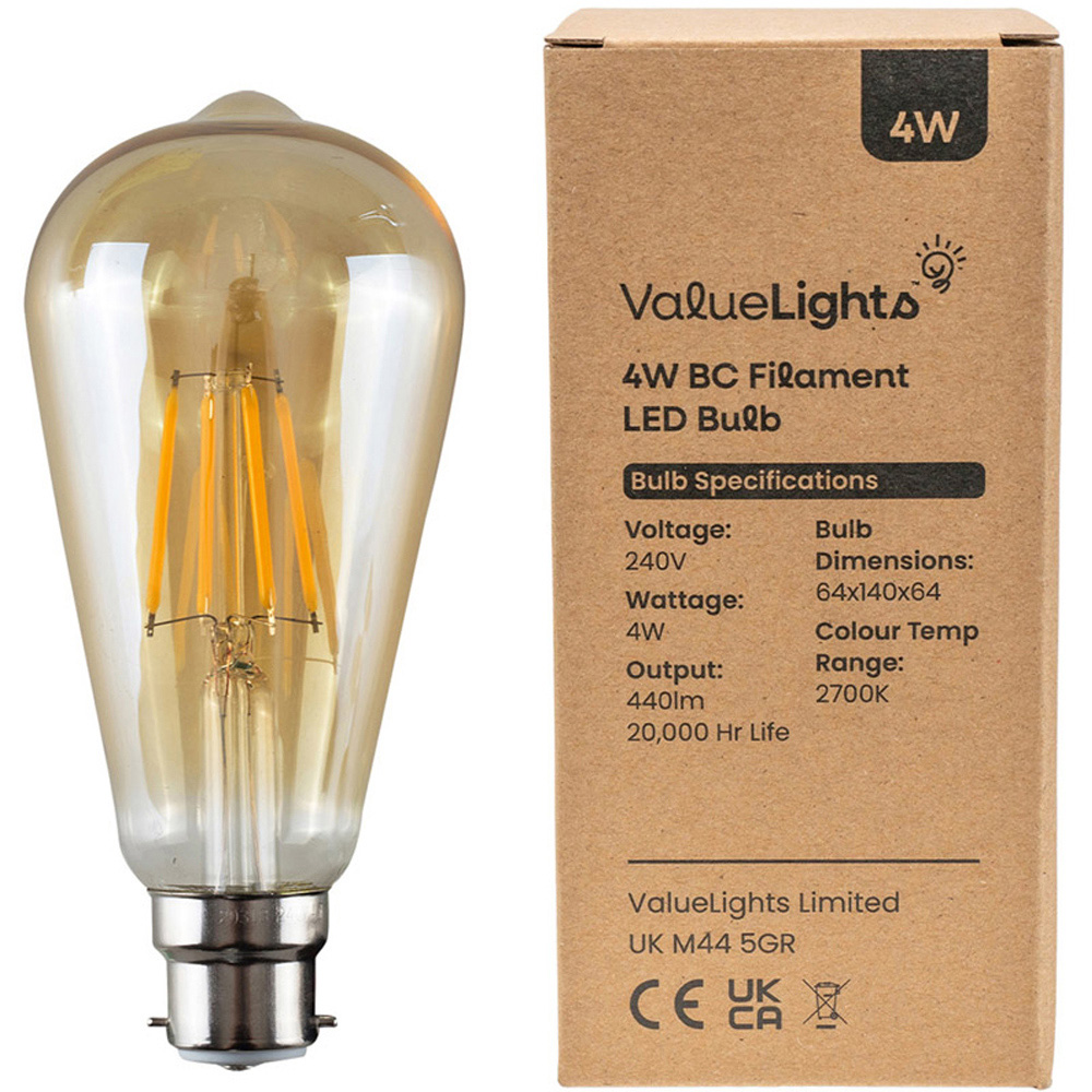 ValueLights 4W 2700K Vintage Warm White Filament B22 LED Light Bulb 3 Pack Image 3