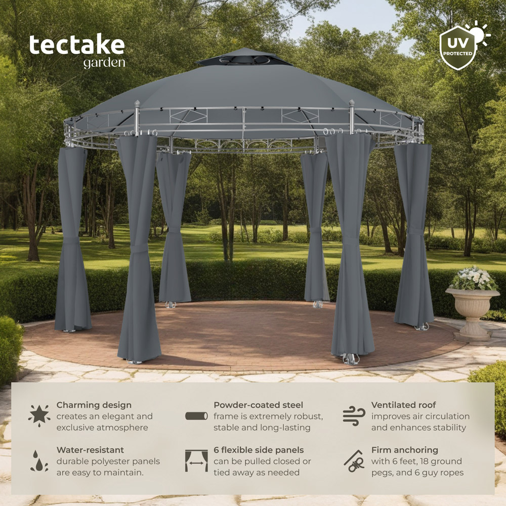 tectake Siana 3.5m Anthracite Double Roof Water-Repellent Round Gazebo with 6 Side Panel Image 3