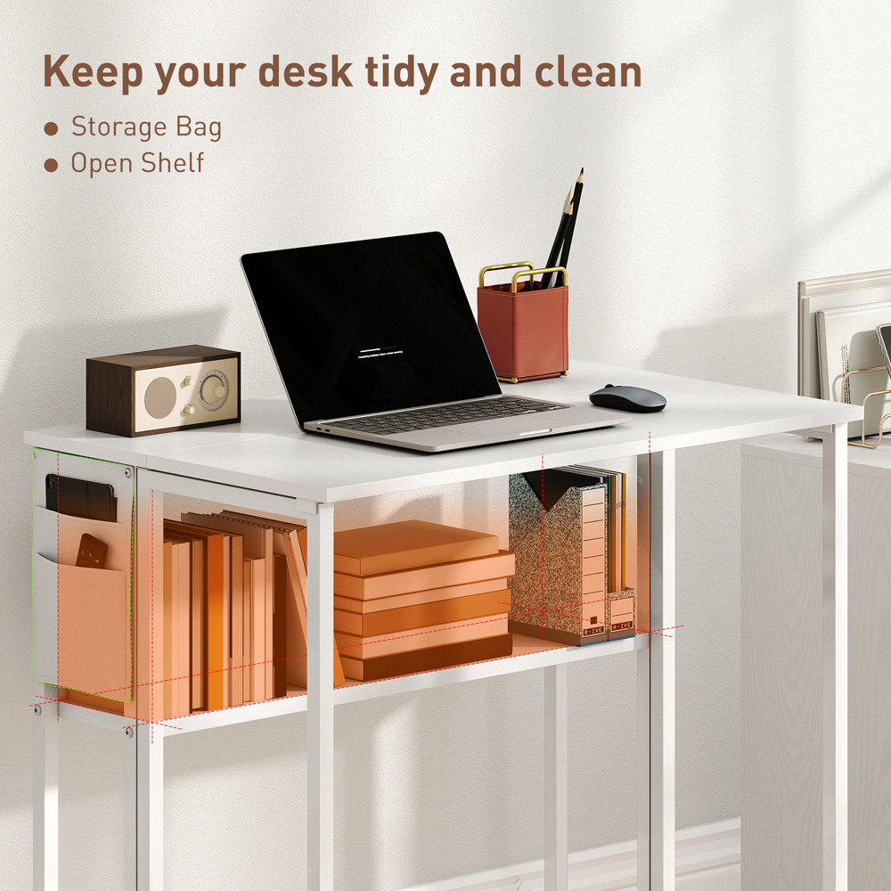 HOMCOM Single Shelf Foldable Computer Desk with Wheels and Side Bag White Image 5
