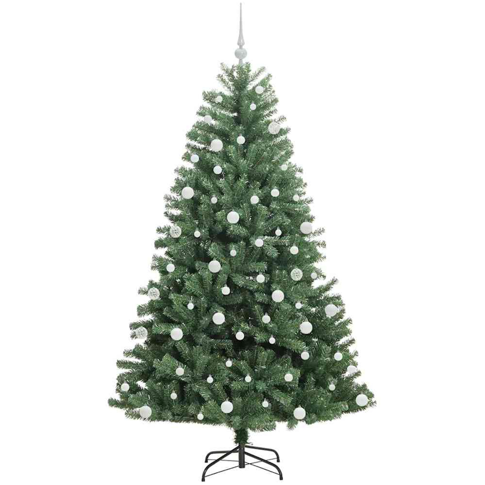 vidaXL Pre-Lit White Baubles Green Artificial Hinged Christmas Tree 6ft Image 4