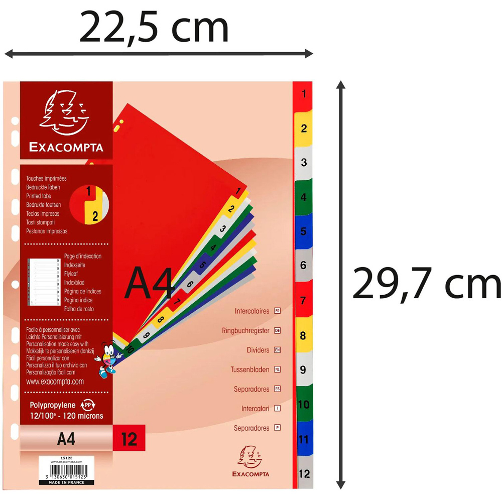 Exacompta A4 Bright Assorted Colour Polypropylene 1-12 Divider 20 Pack Image 7