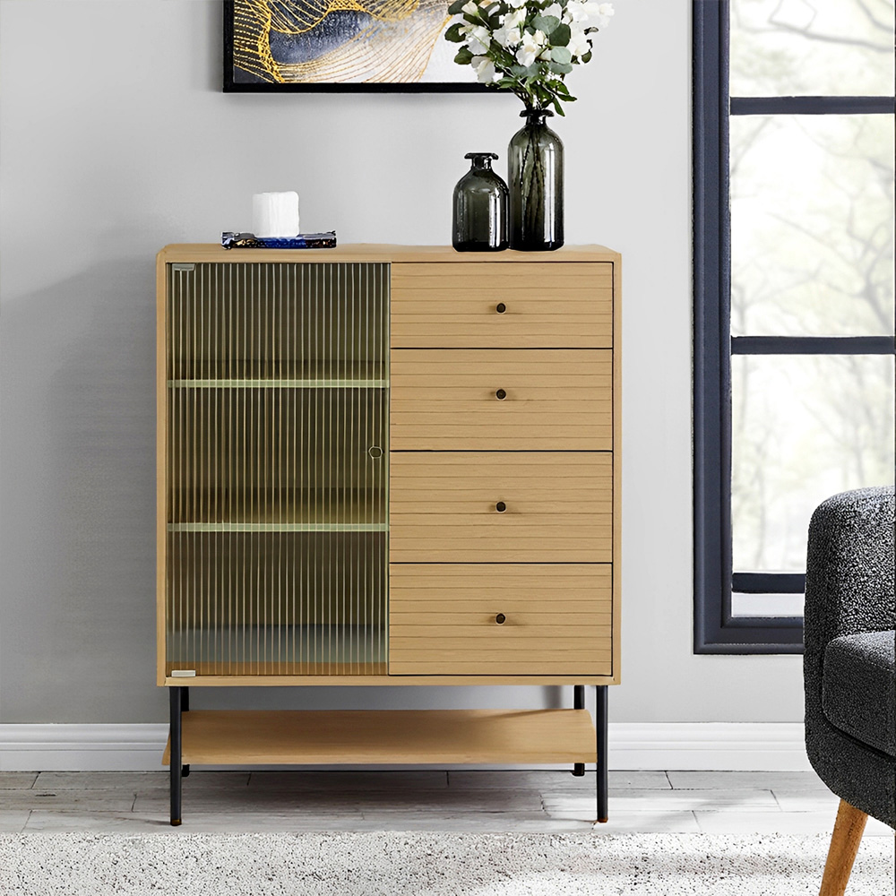 H&O Direct Single Door 4 Drawer Single Shelf Fluted Glass Wooden Storage Cabinet Image 5