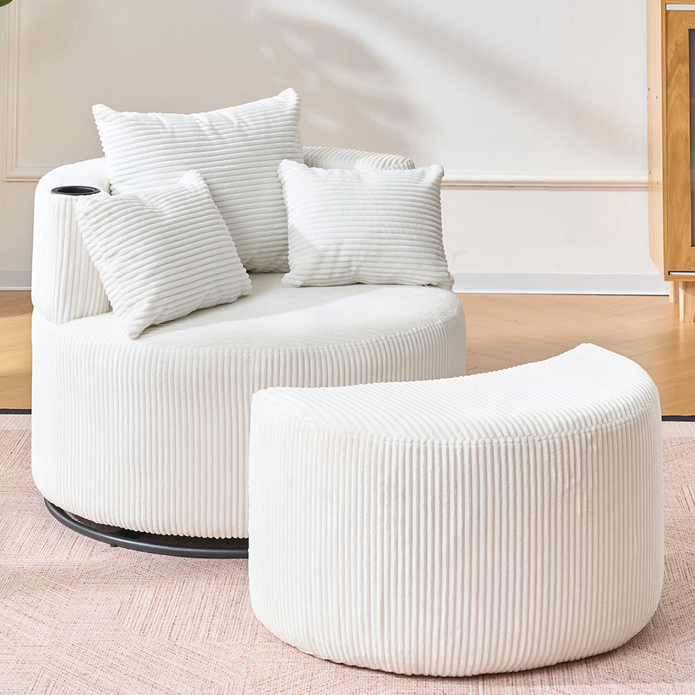 Living and Home White Corduroy Upholstered Swivel Sofa with Footstool and Cup Holder Image 7
