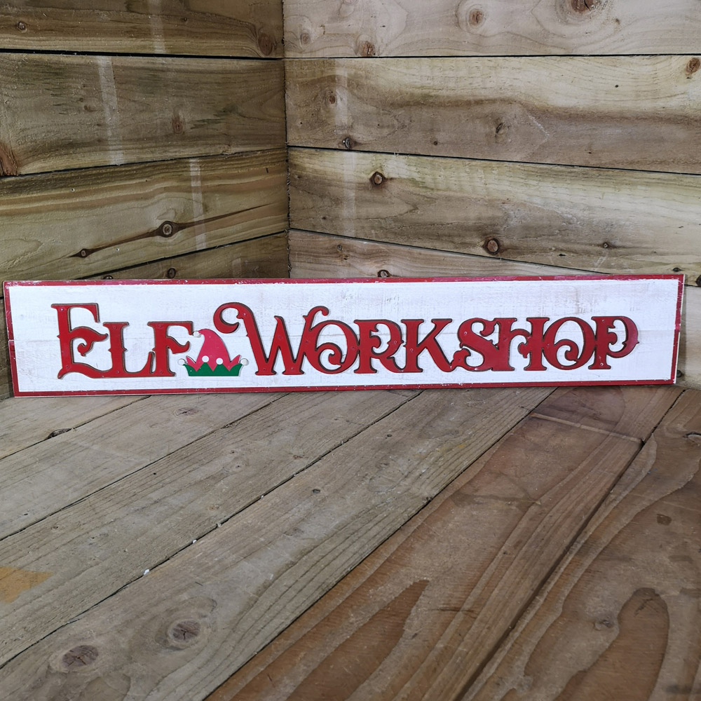 Samuel Alexander Red and White Washed Wooden Christmas Elf Workshop Sign Board 92cm Image 2