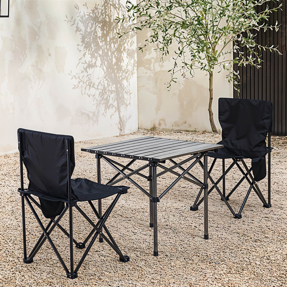 Living and Home Black Portable Folding Camping Table with 2 Chair Image 7