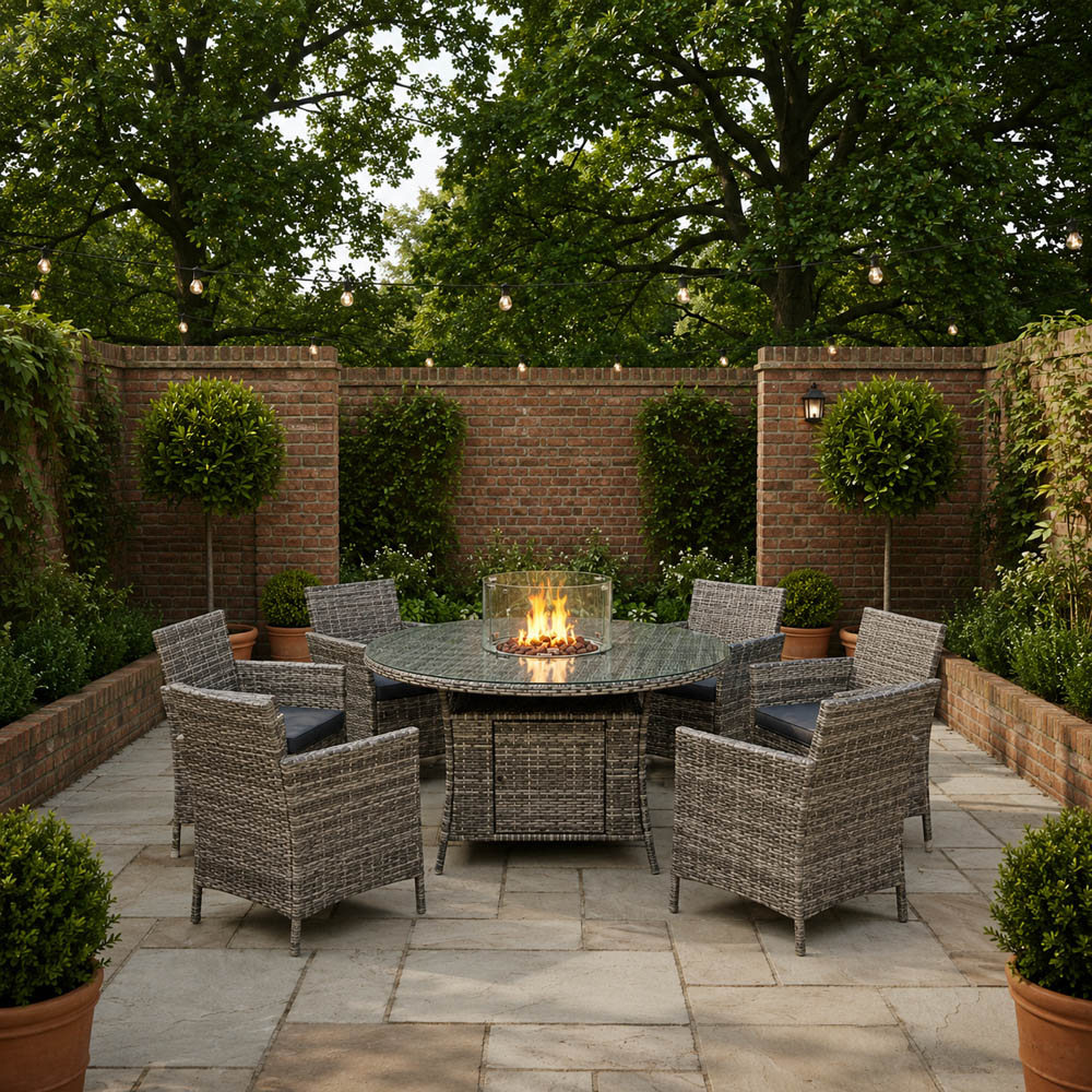 Outdoor Living 6 Seater Rattan Round Firepit Dining Set Image 8