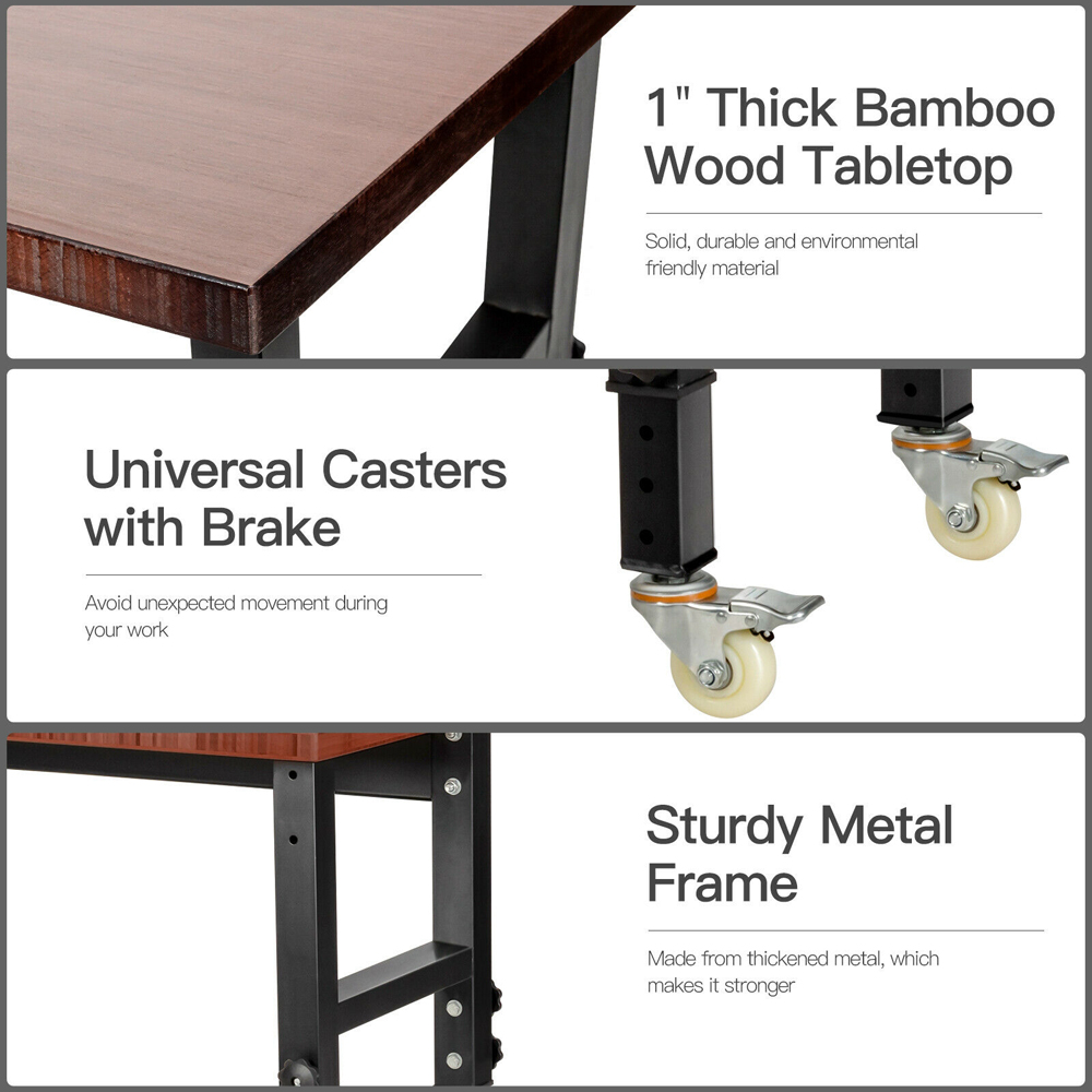 Costway Brown 10 Level Adjustable Workbench with 4 Lockable Casters Image 5