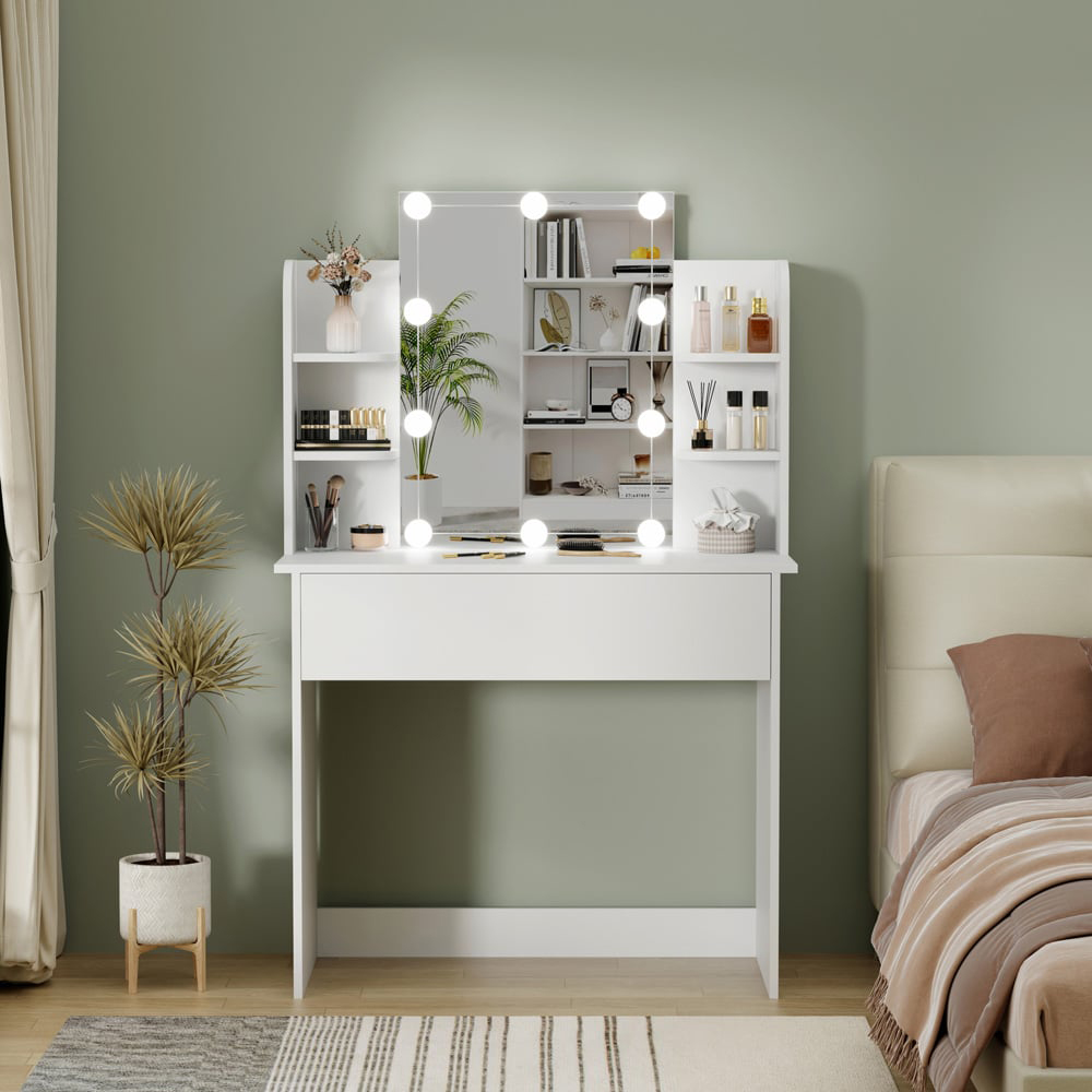 FurnitureHMD Single Drawer 4 Shelf White Wooden Dressing Table with LED Mirror Image 6
