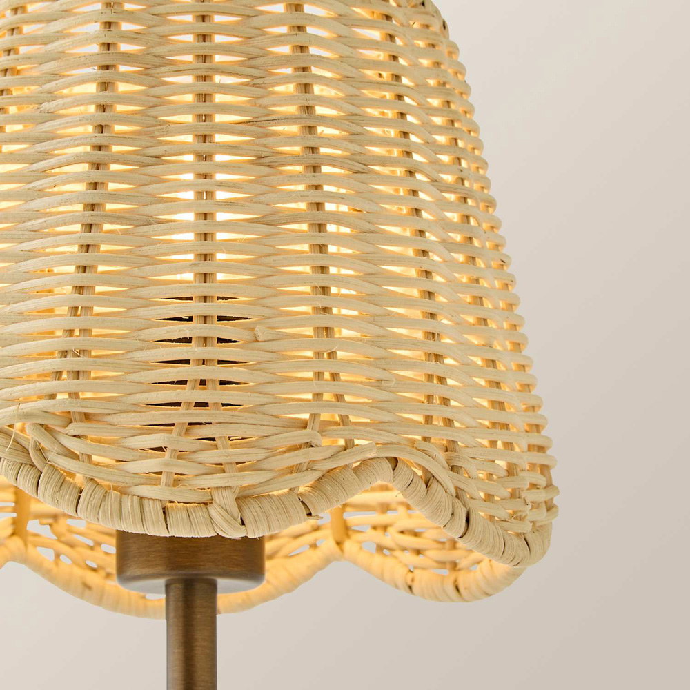 ValueLights Lowe Natural Rattan Tapered Shade Brushed Brass Rechargeable Table Lamp with Bulb Image 4