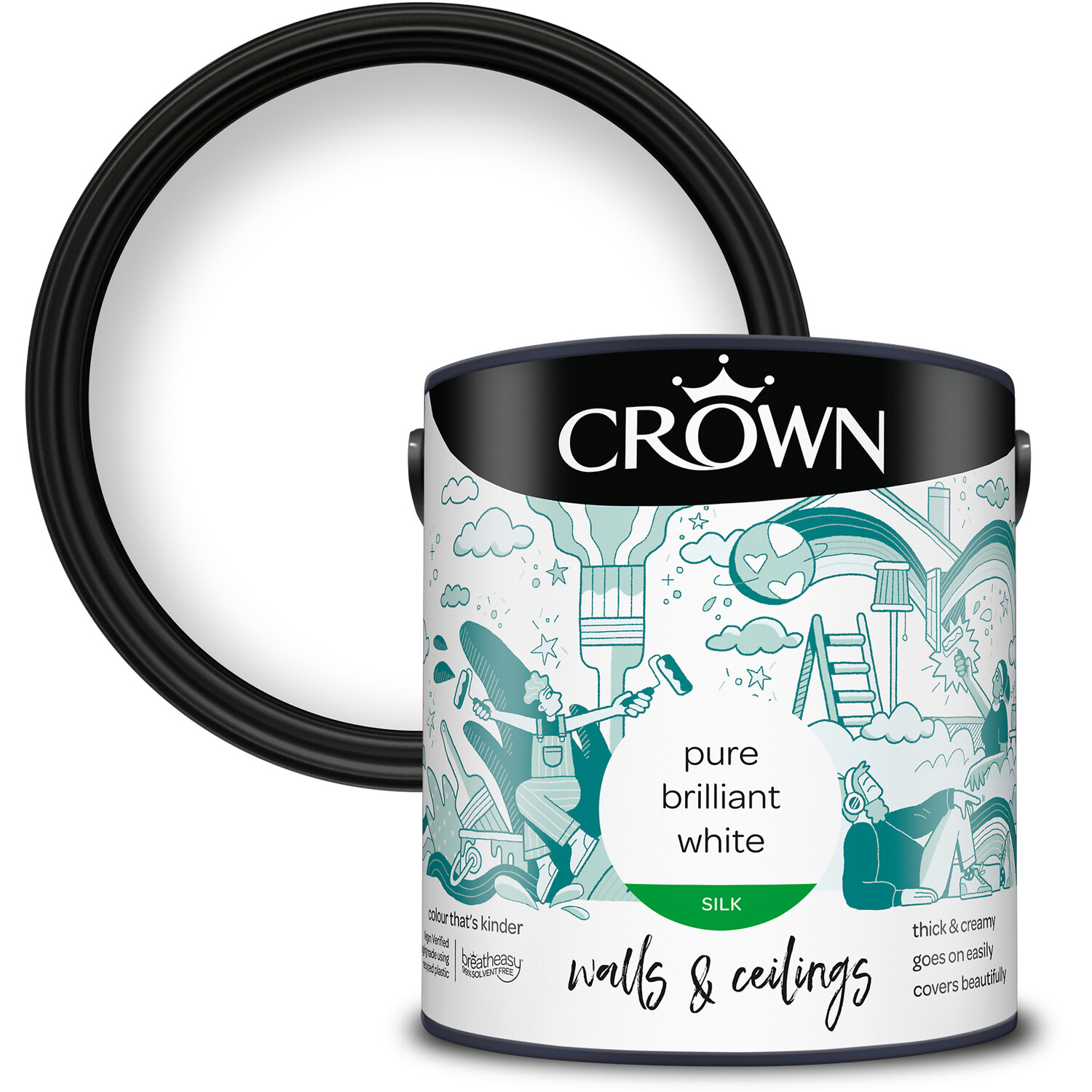 Crown Breatheasy Walls & Ceilings Pure Brilliant White Silk Emulsion Paint 2.5L Image 1