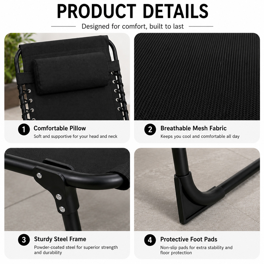 Shatchi Black Foldable Sun Lounger with Adjustable Backrest Image 4