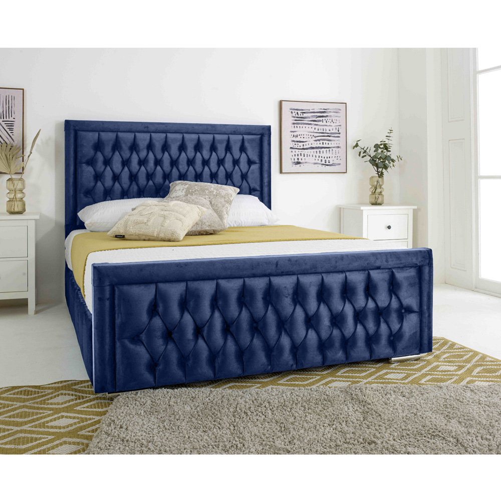 Eleganza Paloma Single Blue Plush Velvet Bed Frame with Headboard and Footboard Image 2