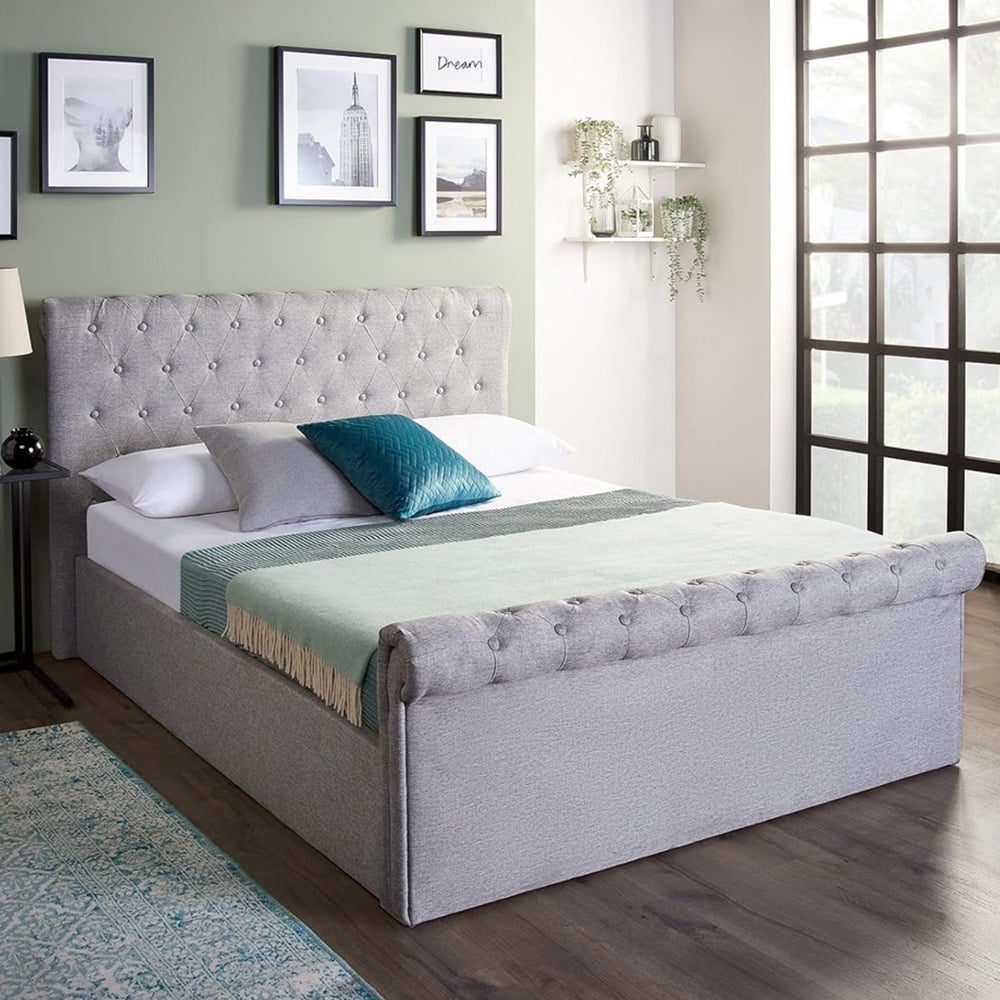 Home Treats Double Grey Sleigh Ottoman Bed with Mattress Image 1
