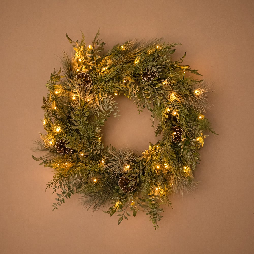 The Christmas Centre 50 Warm White LED Pre-Lit Winter Woodland Wreath with Pinecones 66cm Image 7