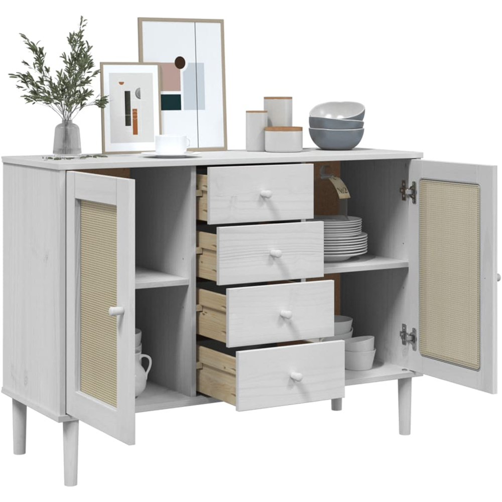 vidaXL Senja 2 Door 4 Drawer Solid Pine Wood White Rattan Sideboard Image 4