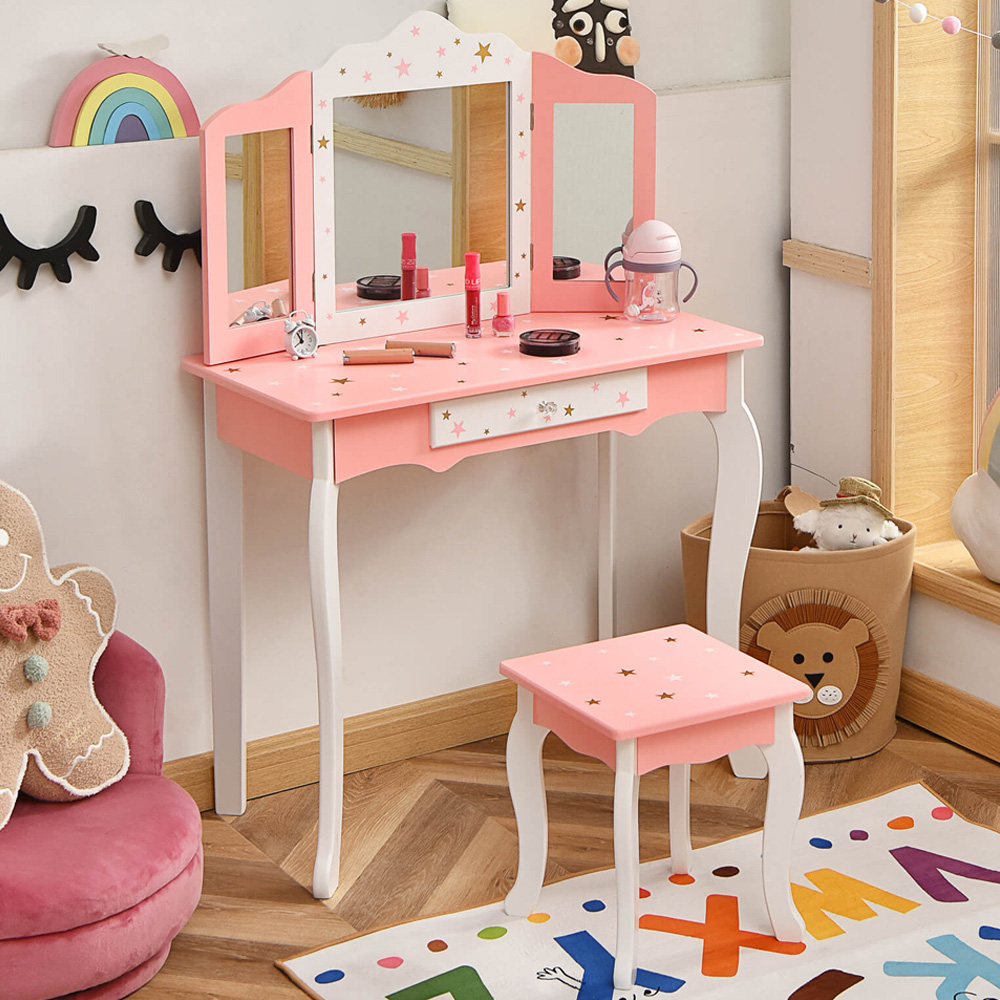 Costway Single Drawer Kids Pink Vanity Table and Stool Set with Folding Mirror Image 1
