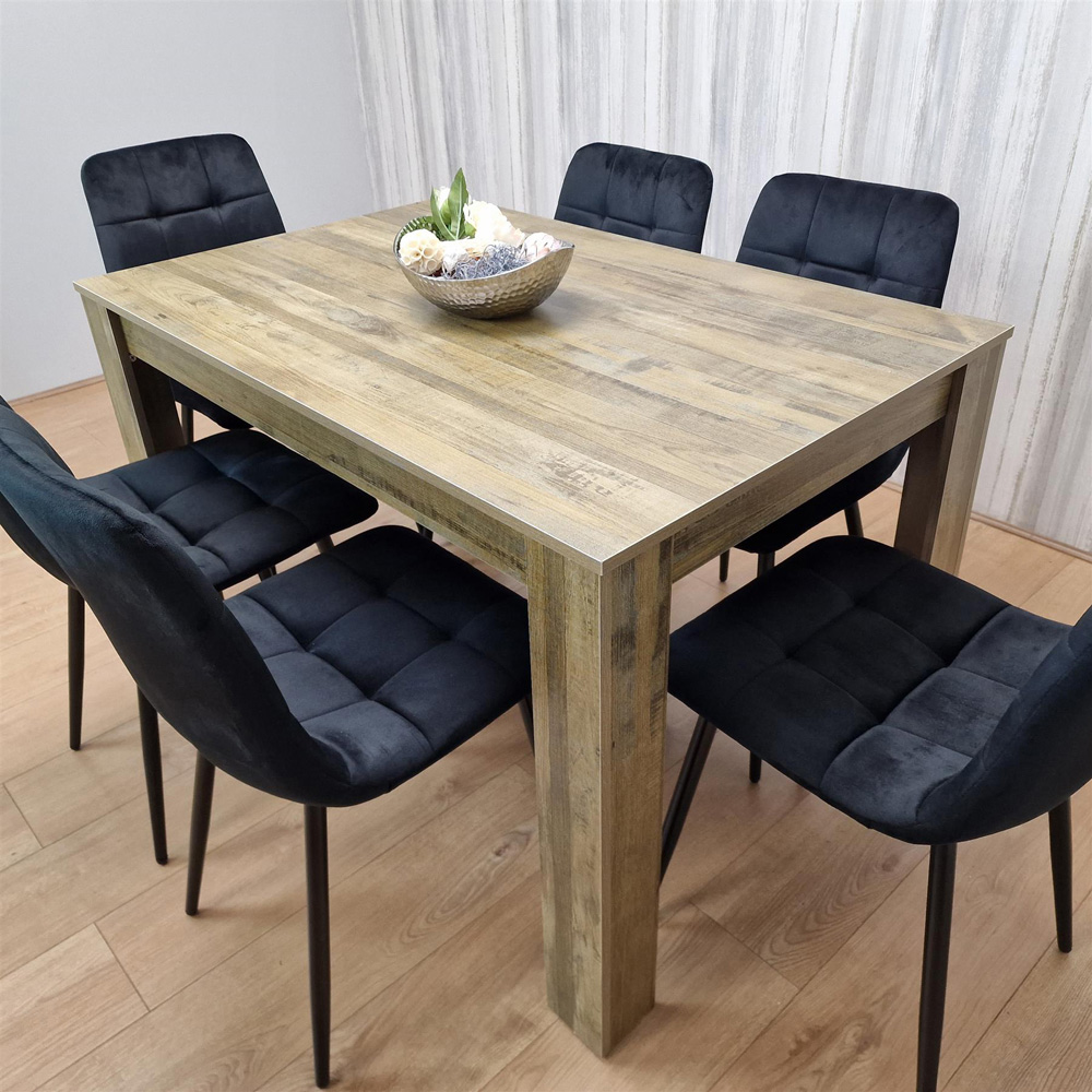 Portland 6 Seater Dining Set Rustic Effect and Black Velvet Image 5