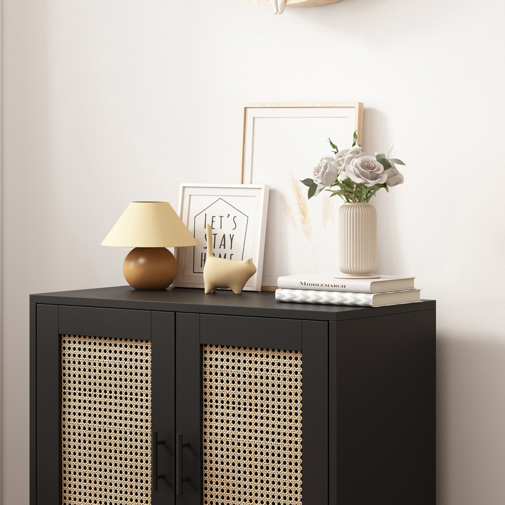FurnitureHMD 2 Door Black Rattan Wooden Storage Cabinet with Metal Legs Image 4