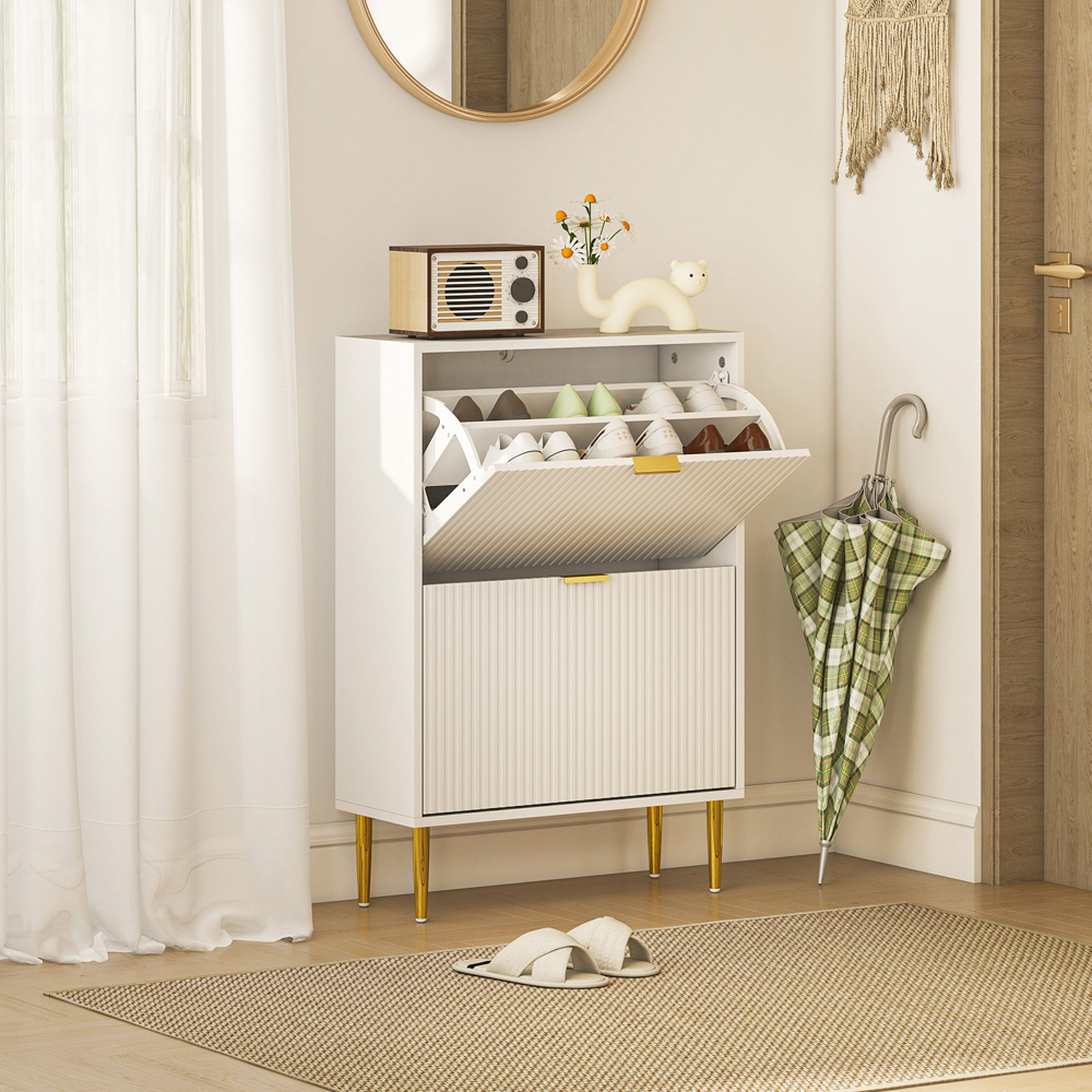 HOMCOM 2 Flip Drawer White Slim Shoe Storage Cabinet Image 3