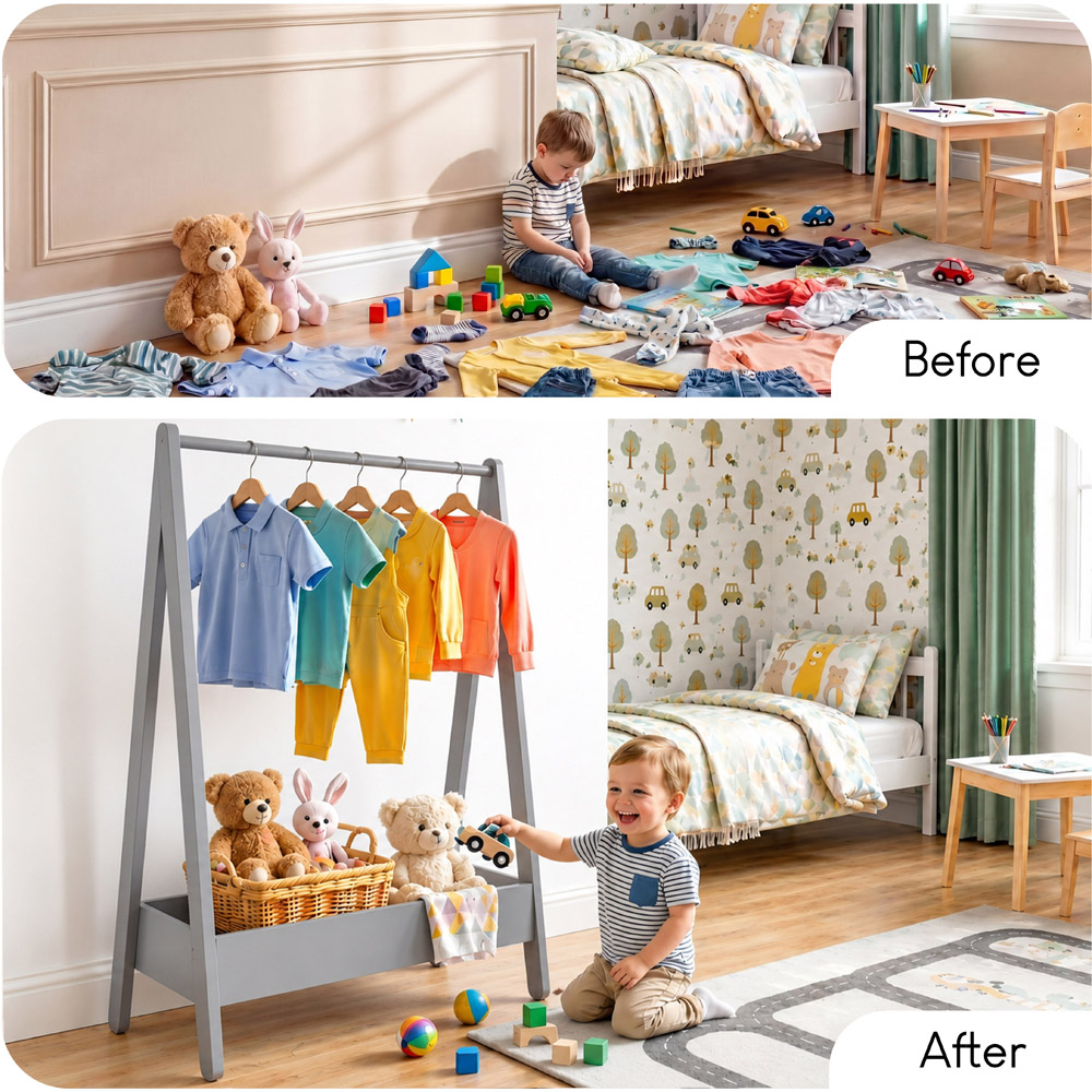 JUNIOR VIDA Grey Kids Clothes Rack with Storage Shelf Image 5