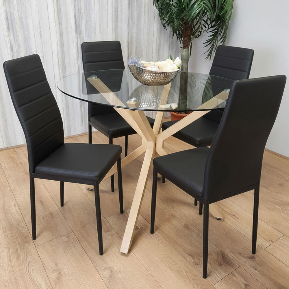 Portland 4 Seater Faux Leather Glass Tabletop Round Dining Set Black Image 1