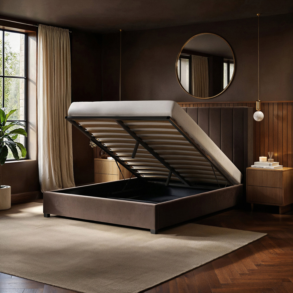 Flair Tiggy King Size Chocolate Velvet Lift-Up Ottoman Bed with Winged Headboard Image 4