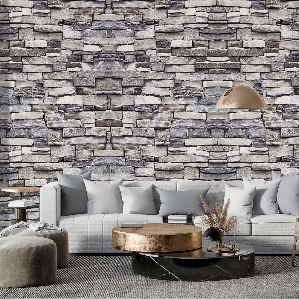 Living and Home Rustic Faux Brick 3D Grey and Black Wallpaper Roll Image 3