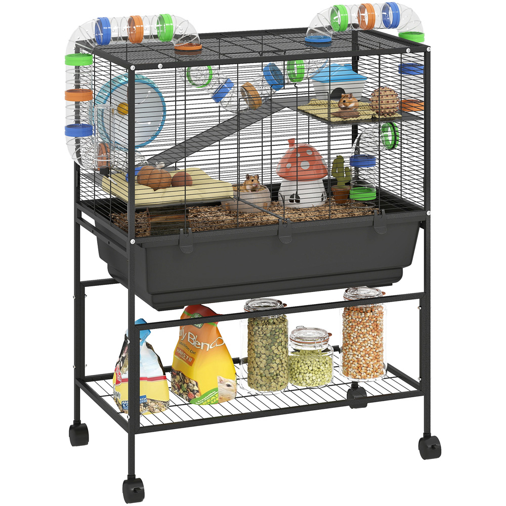 PawHut 3 Tier Hamster and Gerbil Cage with Storage on Wheels Image 3