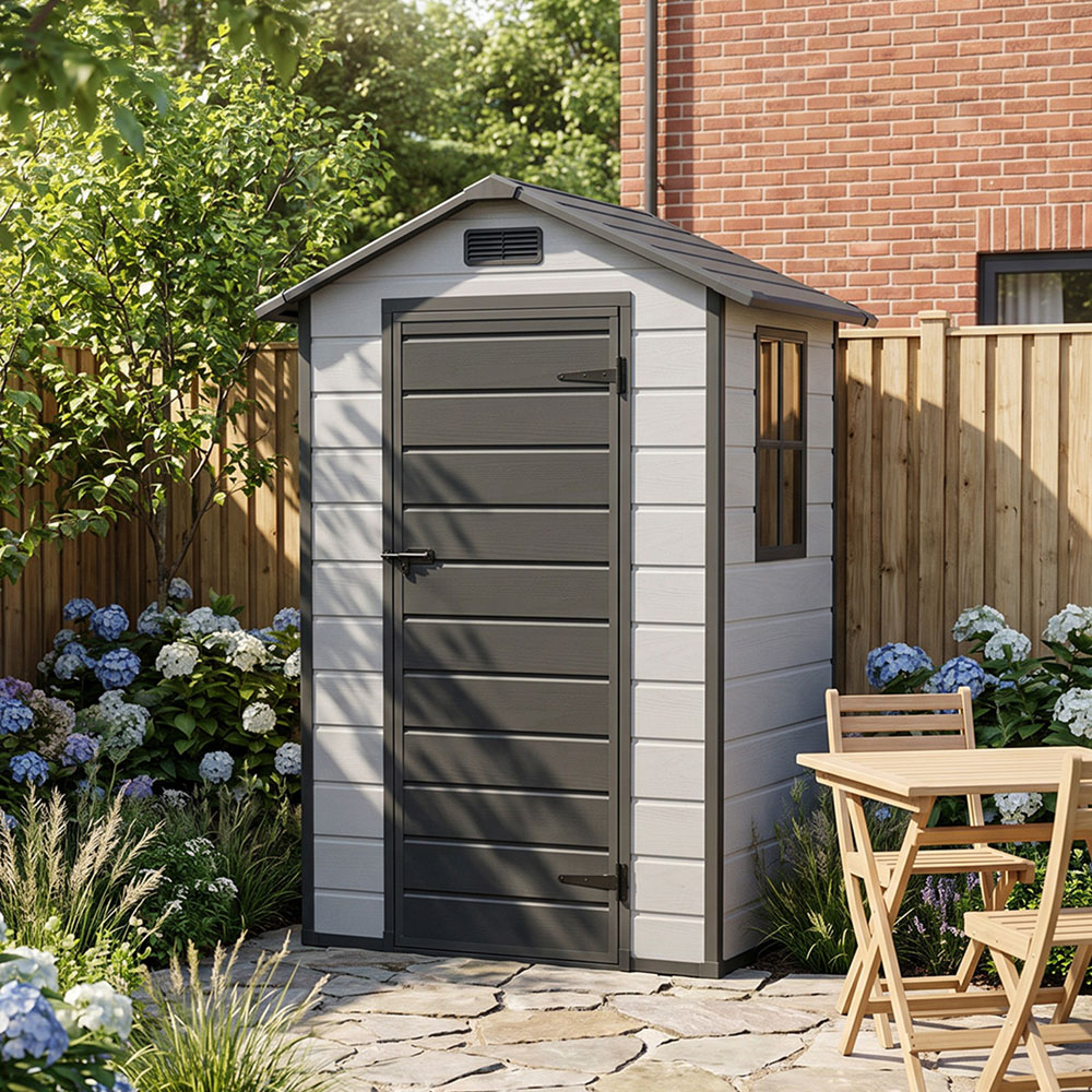 Living and Home 4.4 x 3.4ft Smokey Grey and Black Wood Grain Garden Storage Shed with Window Image 7