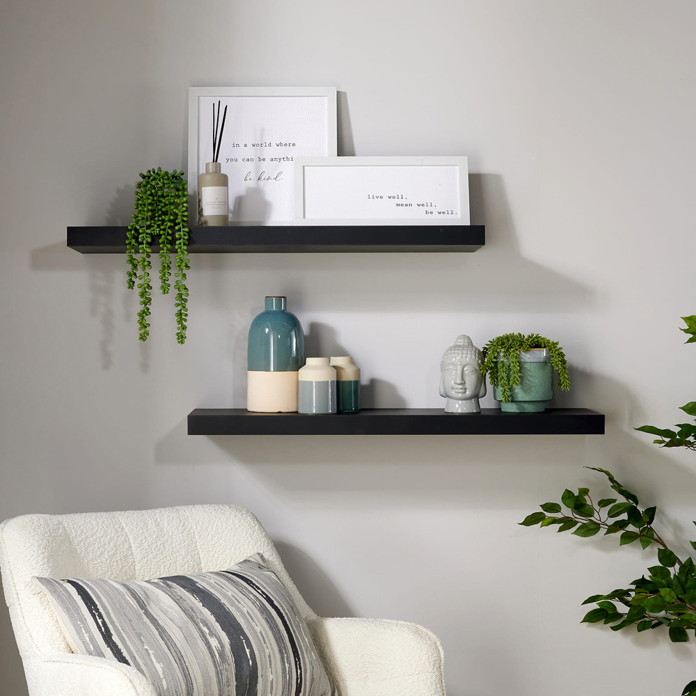 Home Source Cloud 80cm Black Floating Wall Shelf Set of 2 Image 2