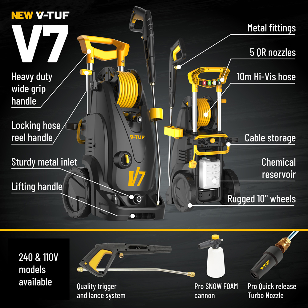 V-TUF V7 240v Tough DIY Electric Pressure Washer with Accessories and Hose Reel Image 7